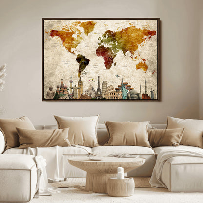Push Pin World Map Canvas Print – Framed Wall Art for Couples to Track Their Travels – Anniversary Gift or Home Adventure Decor