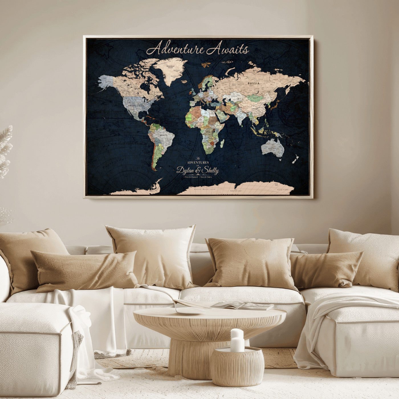 43186793-MGV-CV-30X20-Personalized World Map Print, Customizable Push Pin Framed World Map Print on Canvas - Custom Quote on Map Print