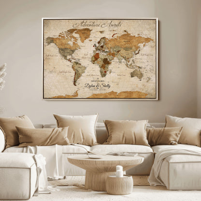 20810820-MGV-CV-30X20-Personalized World Map Print, Customizable Push Pin Framed World Map Print on Canvas - Custom Quote on Map Print