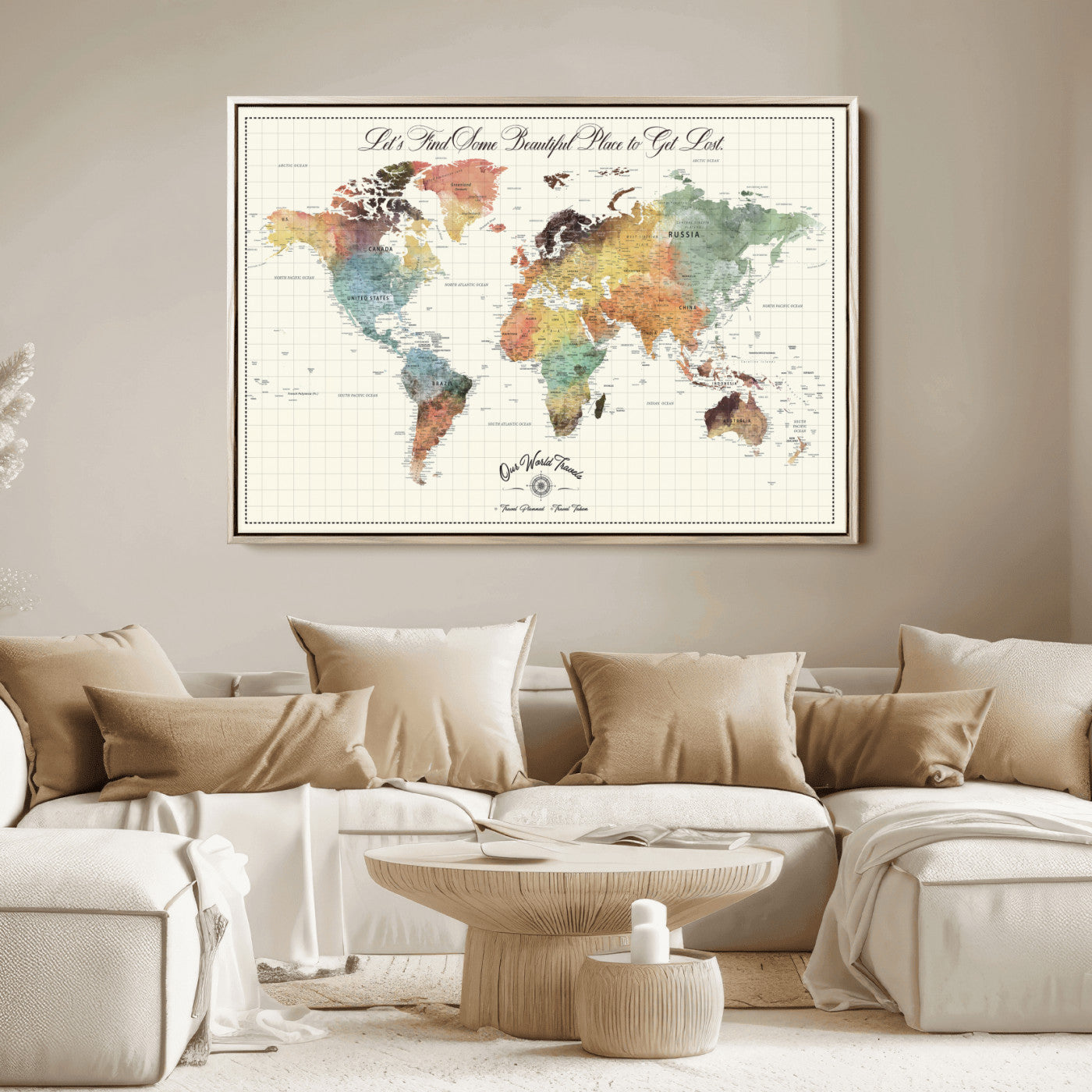 29289638-MGV-CV-36X24-Personalized World Map Print - Customizable Push Pin Framed World Map Print on Canvas - Custom Quote on Map Print