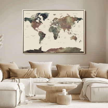 Push Pin World Map Canvas Print – Framed Wall Art for Couples to Track Their Travels – Anniversary Gift or Home Adventure Decor