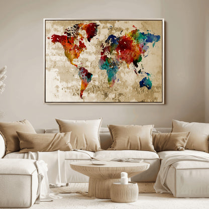 Push Pin World Map Canvas Print – Framed Wall Art for Couples to Track Their Travels – Anniversary Gift or Home Adventure Decor