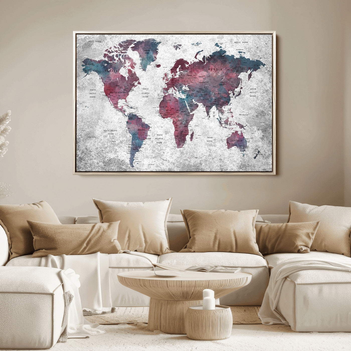 Push Pin World Map Canvas Print – Framed Wall Art for Couples to Track Their Travels – Anniversary Gift or Home Adventure Decor