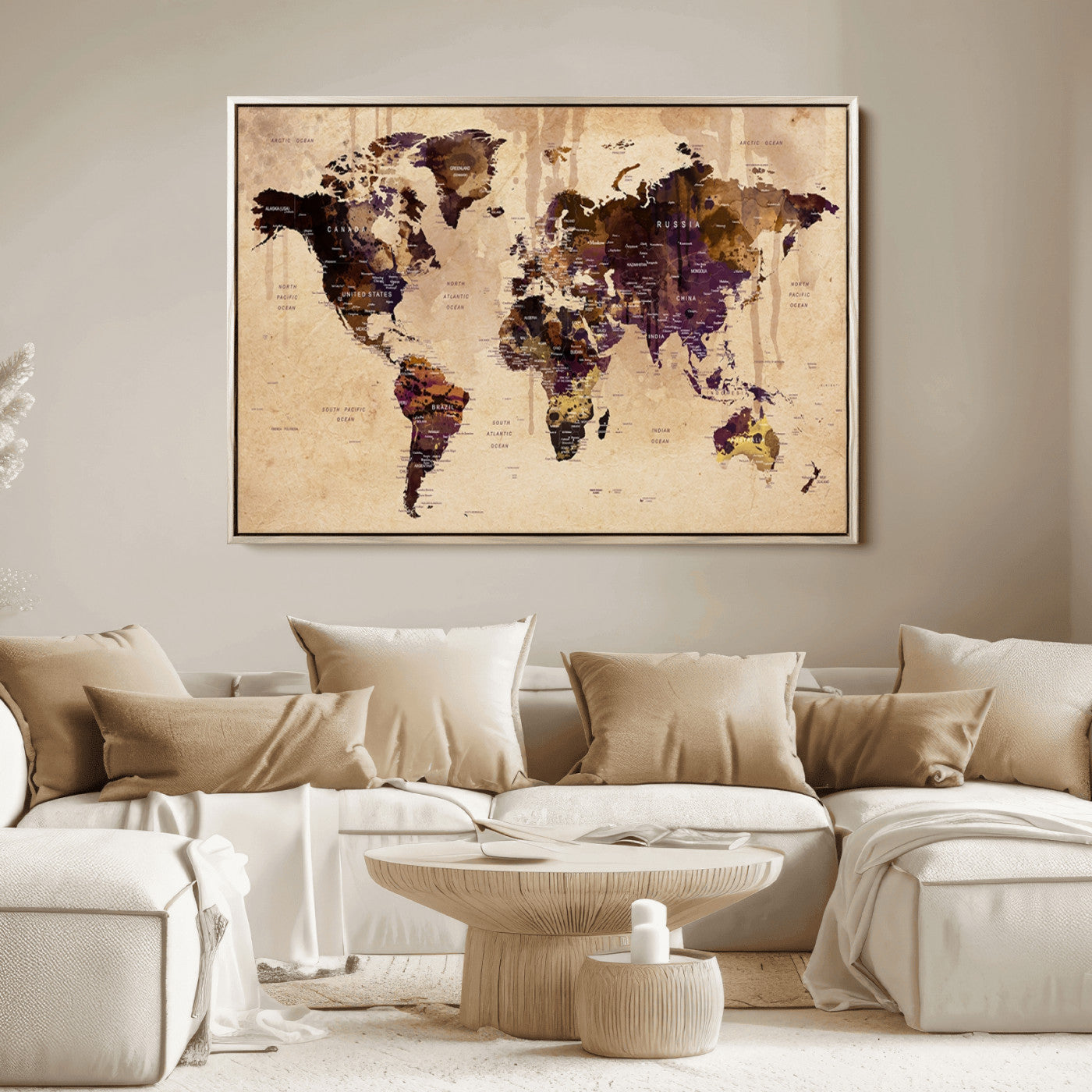 Push Pin World Map Canvas Print – Framed Wall Art for Couples to Track Their Travels – Anniversary Gift or Home Adventure Decor
