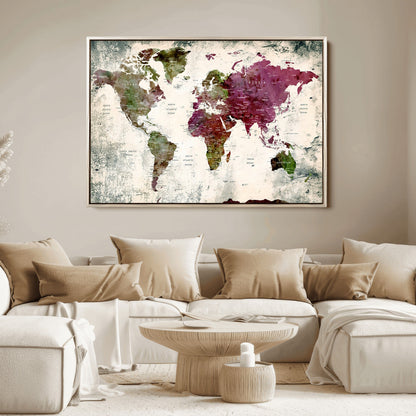 Push Pin World Map Canvas Print – Framed Wall Art for Couples to Track Their Travels – Anniversary Gift or Home Adventure Decor