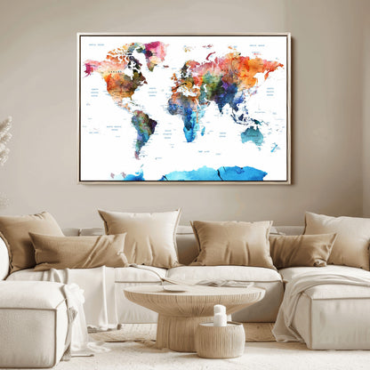 Push Pin World Map Canvas Print – Framed Wall Art for Couples to Track Their Travels – Anniversary Gift or Home Adventure Decor