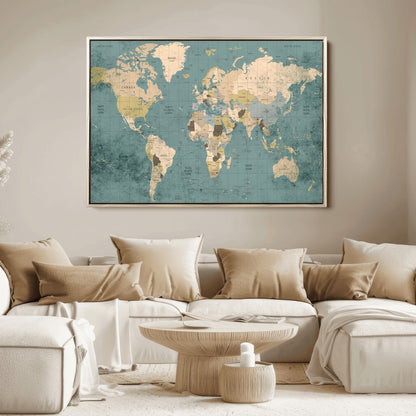 Classic World Map Wall Art Canvas Print, Framed Retro Map Art Picture Print, Vintage Atlas Perfect Rustic Explorer Decor Artwork