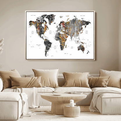 Push Pin World Map Canvas Print – Framed Wall Art for Couples to Track Their Travels – Anniversary Gift or Home Adventure Decor