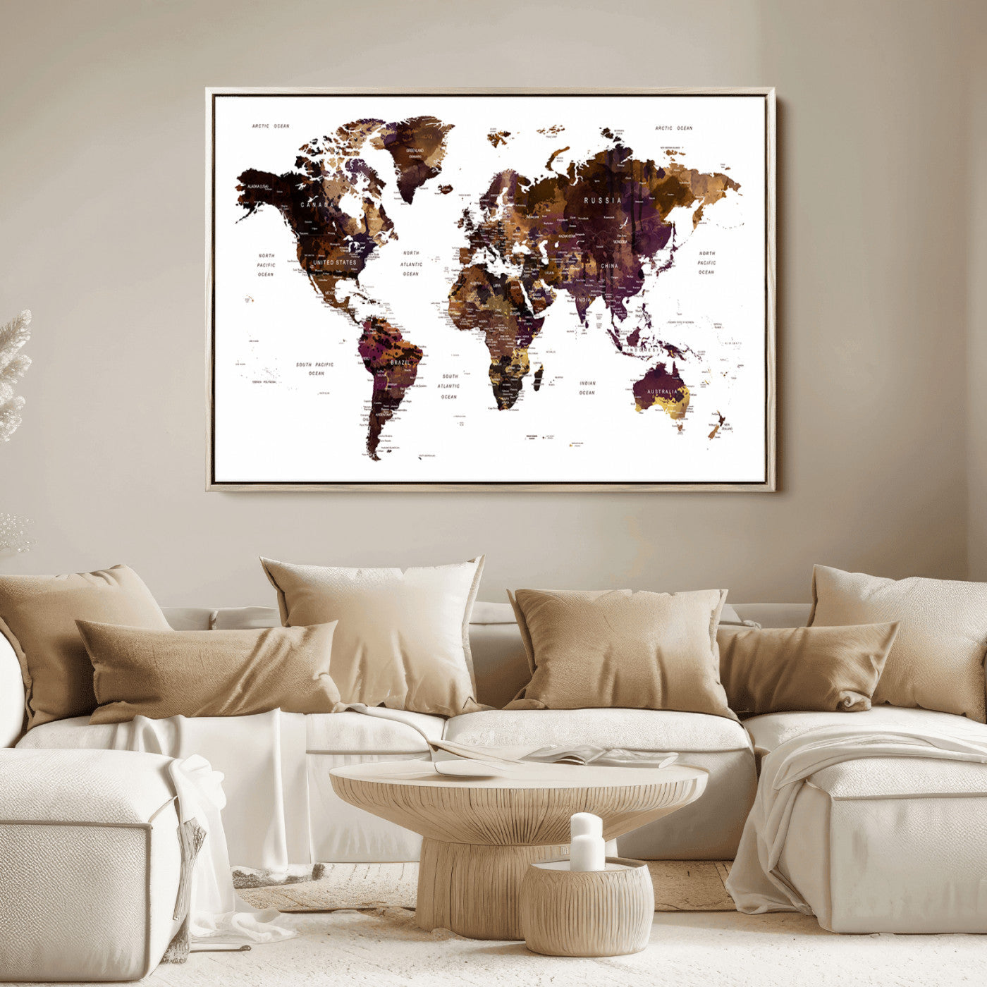 Push Pin World Map Canvas Print – Framed Wall Art for Couples to Track Their Travels – Anniversary Gift or Home Adventure Decor