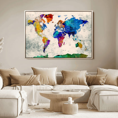 Push Pin World Map Canvas Print – Framed Wall Art for Couples to Track Their Travels – Anniversary Gift or Home Adventure Decor