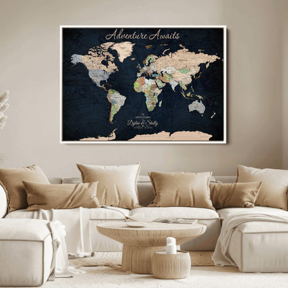 43186793-MGV-CV-30X20-Personalized World Map Print, Customizable Push Pin Framed World Map Print on Canvas - Custom Quote on Map Print