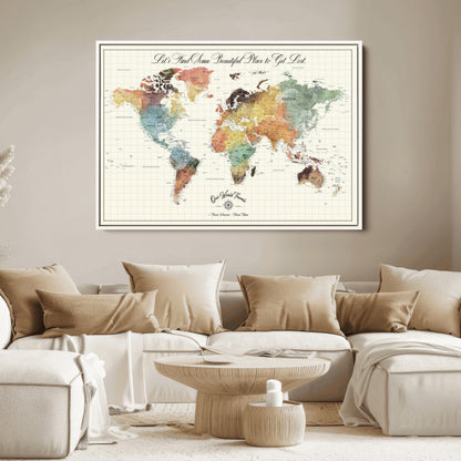29289638-MGV-CV-36X24-Personalized World Map Print - Customizable Push Pin Framed World Map Print on Canvas - Custom Quote on Map Print