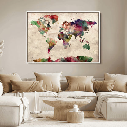 Push Pin World Map Canvas Print – Framed Wall Art for Couples to Track Their Travels – Anniversary Gift or Home Adventure Decor