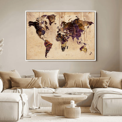Push Pin World Map Canvas Print – Framed Wall Art for Couples to Track Their Travels – Anniversary Gift or Home Adventure Decor