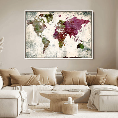 Push Pin World Map Canvas Print – Framed Wall Art for Couples to Track Their Travels – Anniversary Gift or Home Adventure Decor