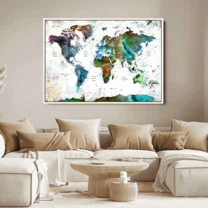 Push Pin World Map Canvas Print – Framed Wall Art for Couples to Track Their Travels – Anniversary Gift or Home Adventure Decor