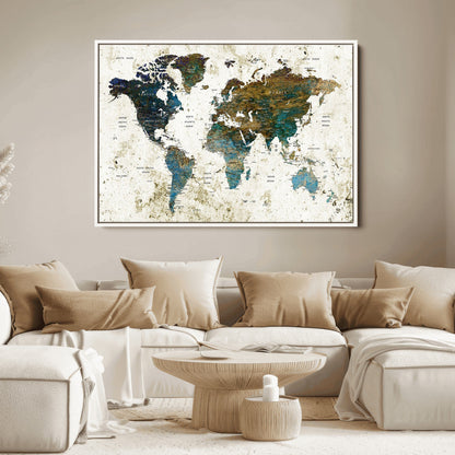 Vintage World Map Wall Art Canvas Print, Framed Rustic Earth Map Art Picture Print, Antique Map Perfect Rustic Vintage Decor Artwork