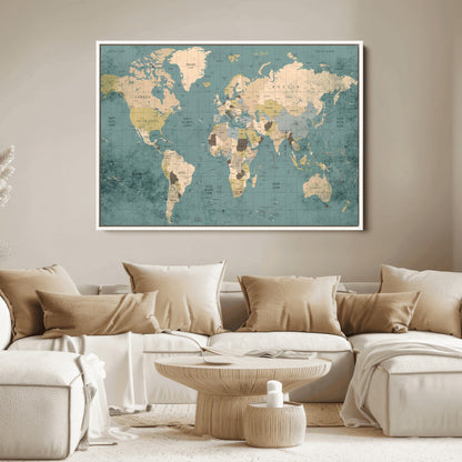 Classic World Map Wall Art Canvas Print, Framed Retro Map Art Picture Print, Vintage Atlas Perfect Rustic Explorer Decor Artwork