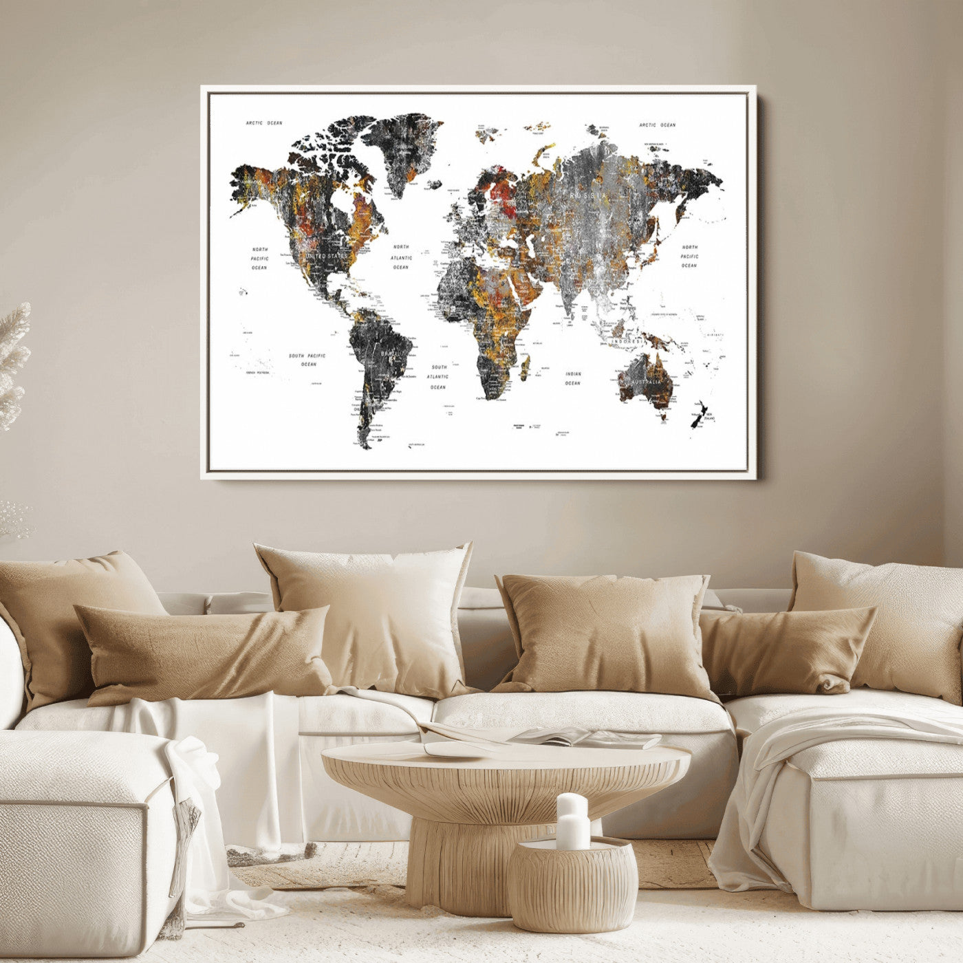 Push Pin World Map Canvas Print – Framed Wall Art for Couples to Track Their Travels – Anniversary Gift or Home Adventure Decor