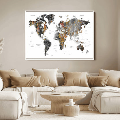 Push Pin World Map Canvas Print – Framed Wall Art for Couples to Track Their Travels – Anniversary Gift or Home Adventure Decor