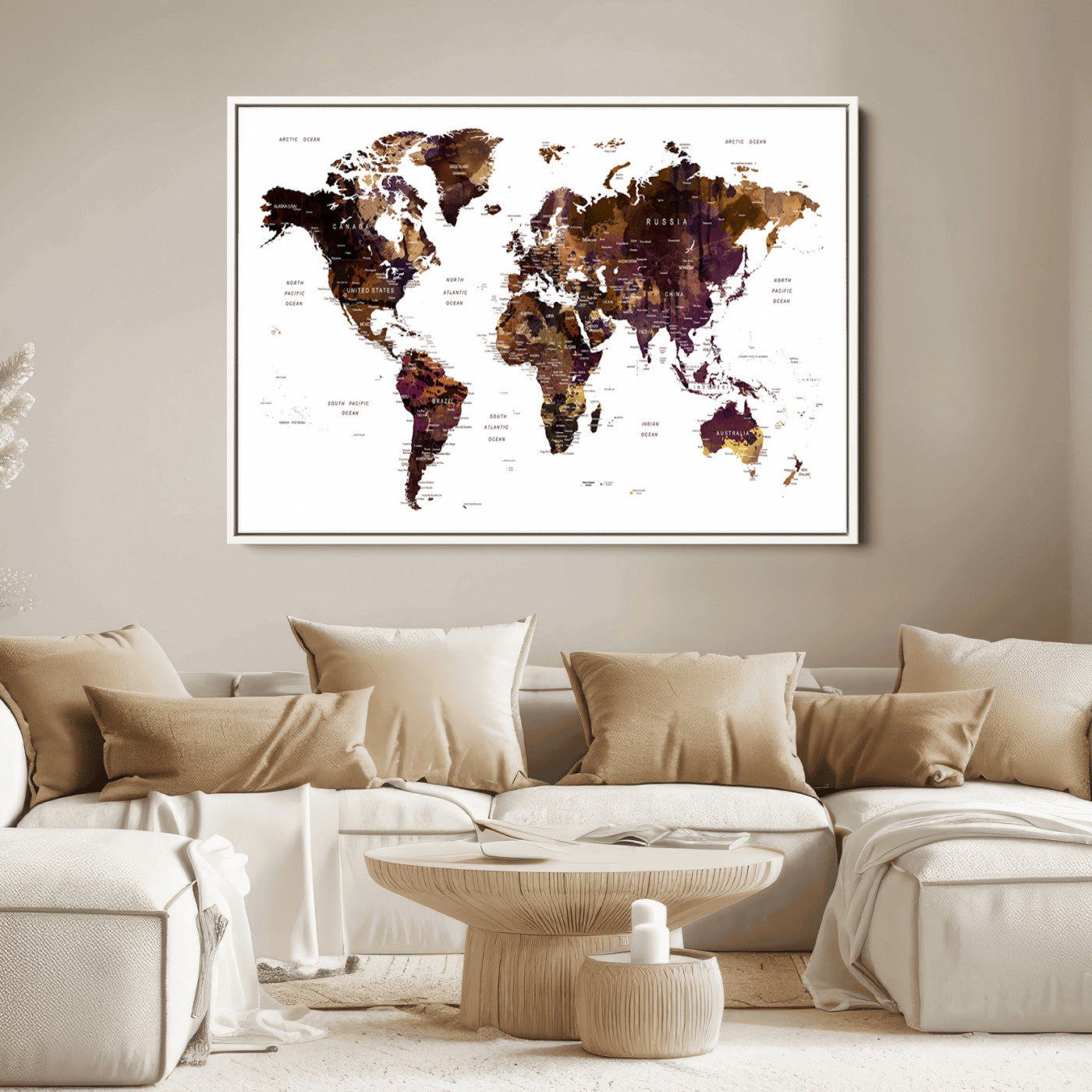 Push Pin World Map Canvas Print – Framed Wall Art for Couples to Track Their Travels – Anniversary Gift or Home Adventure Decor