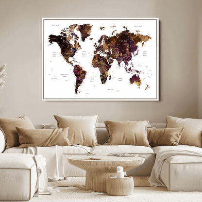 Push Pin World Map Canvas Print – Framed Wall Art for Couples to Track Their Travels – Anniversary Gift or Home Adventure Decor