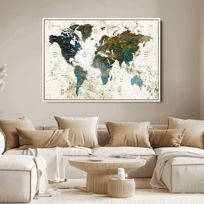 Push Pin World Map Canvas Print – Framed Wall Art for Couples to Track Their Travels – Anniversary Gift or Home Adventure Decor