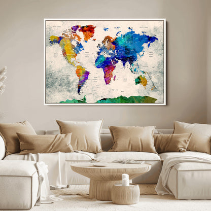Push Pin World Map Canvas Print – Framed Wall Art for Couples to Track Their Travels – Anniversary Gift or Home Adventure Decor