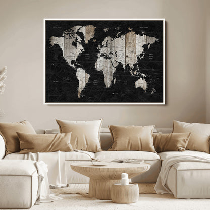 Push Pin World Map Canvas Print – Framed Wall Art for Couples to Track Their Travels – Anniversary Gift or Home Adventure Decor