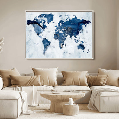 Push Pin World Map Canvas Print – Framed Wall Art for Couples to Track Their Travels – Anniversary Gift or Home Adventure Decor