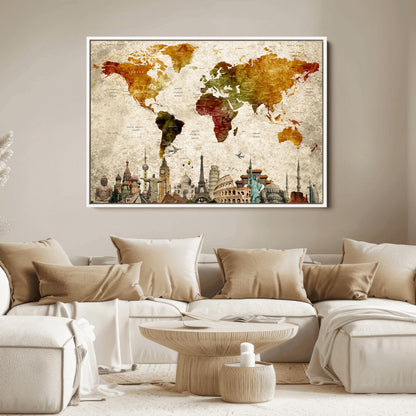 Push Pin World Map Canvas Print – Framed Wall Art for Couples to Track Their Travels – Anniversary Gift or Home Adventure Decor