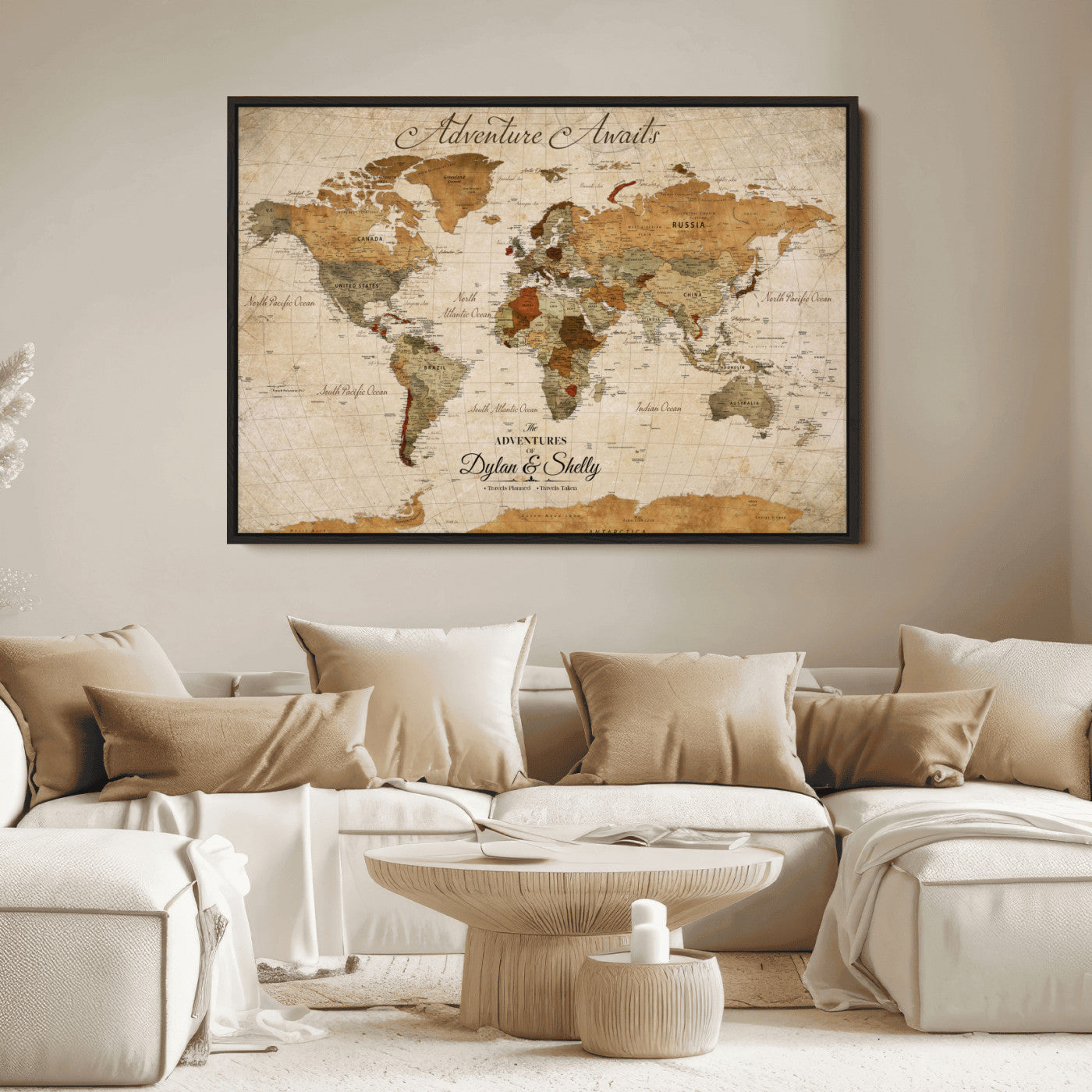 20810820-MGV-CV-30X20-Personalized World Map Print, Customizable Push Pin Framed World Map Print on Canvas - Custom Quote on Map Print