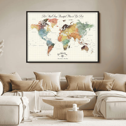 29289638-MGV-CV-36X24-Personalized World Map Print - Customizable Push Pin Framed World Map Print on Canvas - Custom Quote on Map Print
