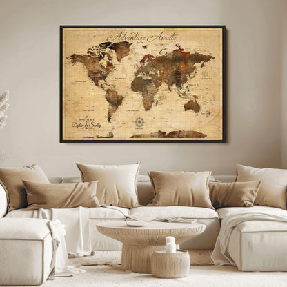 57497711-MGV-CV-36X24-Personalized World Map Canvas Print - Customizable Push Pin Framed World Map Print on Canvas - Custom Quote on Map Print
