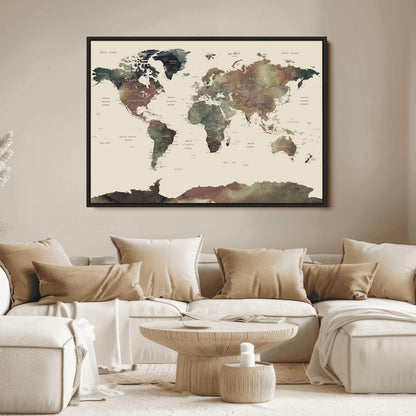 Push Pin World Map Canvas Print – Framed Wall Art for Couples to Track Their Travels – Anniversary Gift or Home Adventure Decor