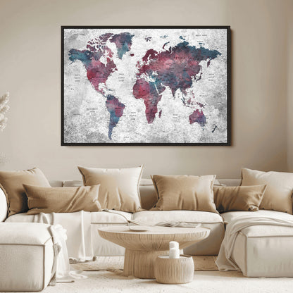 Push Pin World Map Canvas Print – Framed Wall Art for Couples to Track Their Travels – Anniversary Gift or Home Adventure Decor