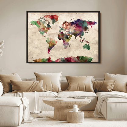 Push Pin World Map Canvas Print – Framed Wall Art for Couples to Track Their Travels – Anniversary Gift or Home Adventure Decor