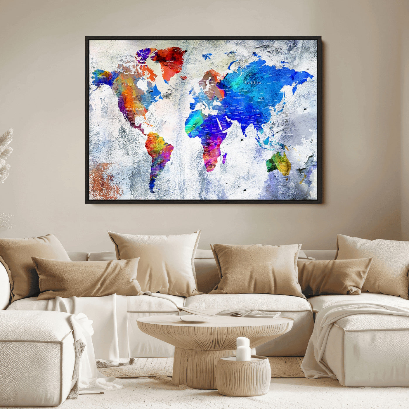 Push Pin World Map Canvas Print – Framed Wall Art for Couples to Track Their Travels – Anniversary Gift or Home Adventure Decor