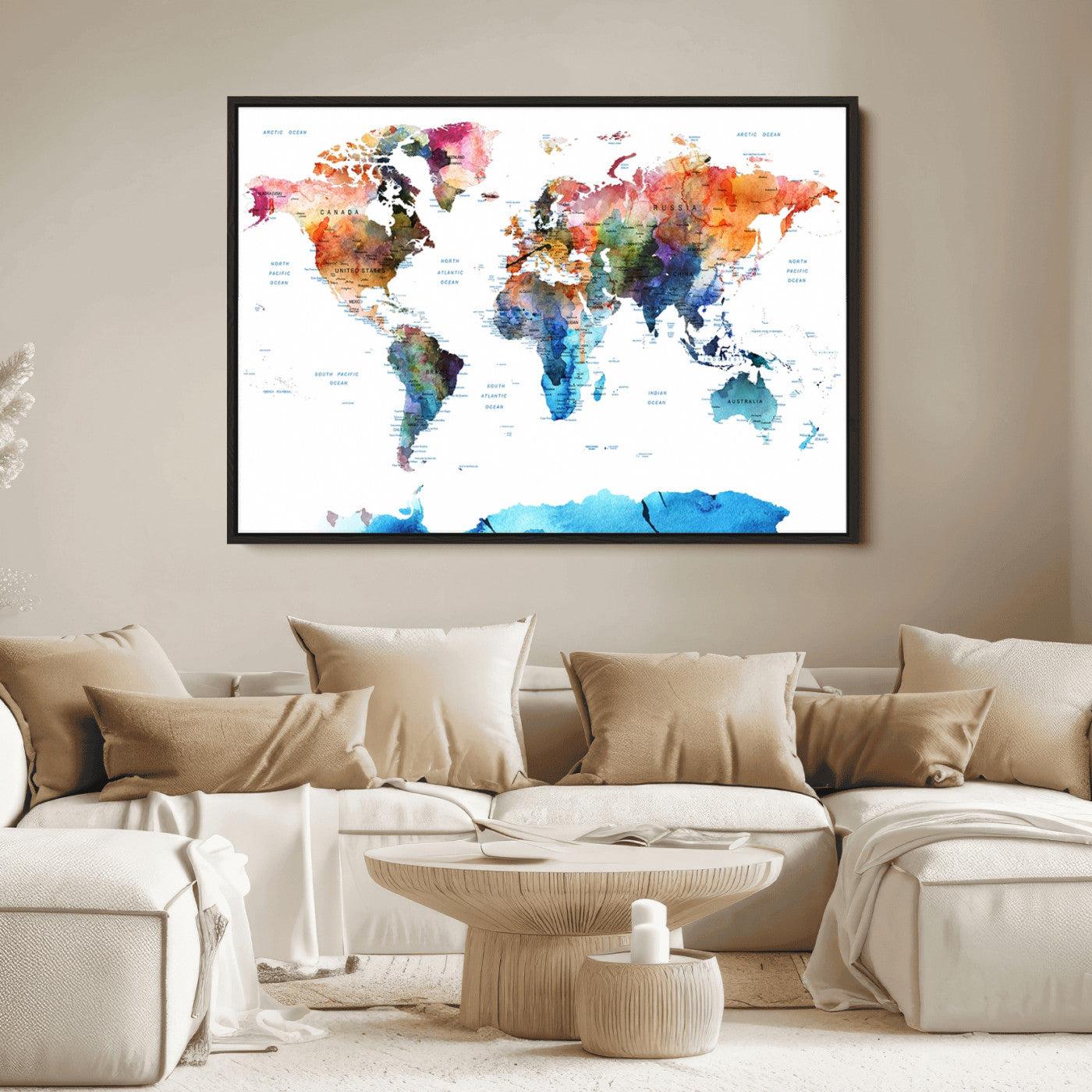 Push Pin World Map Canvas Print – Framed Wall Art for Couples to Track Their Travels – Anniversary Gift or Home Adventure Decor