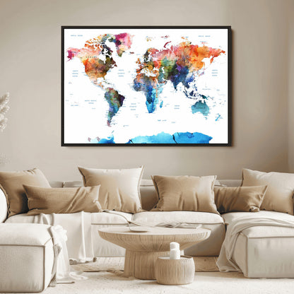 Push Pin World Map Canvas Print – Framed Wall Art for Couples to Track Their Travels – Anniversary Gift or Home Adventure Decor