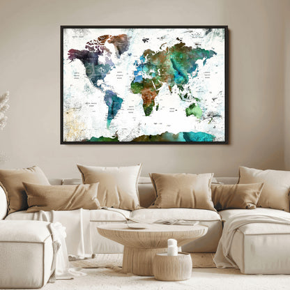 Push Pin World Map Canvas Print – Framed Wall Art for Couples to Track Their Travels – Anniversary Gift or Home Adventure Decor
