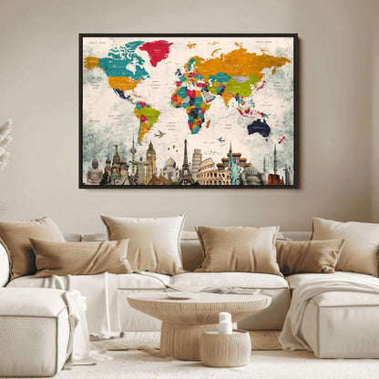 Push Pin World Map Canvas Print – Framed Wall Art for Couples to Track Their Travels – Anniversary Gift or Home Adventure Decor