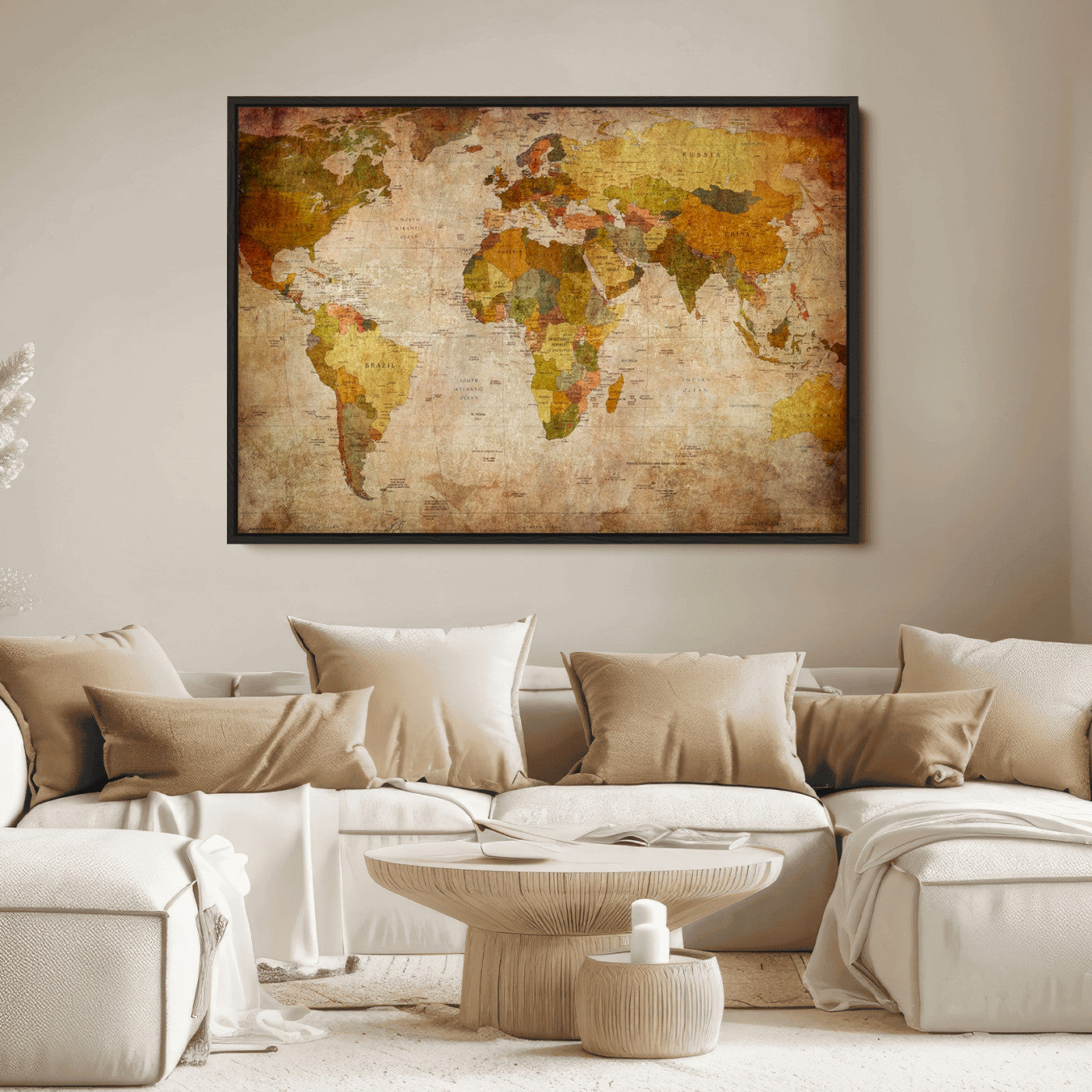 Push Pin World Map Canvas Print – Framed Wall Art for Couples to Track Their Travels – Anniversary Gift or Home Adventure Decor