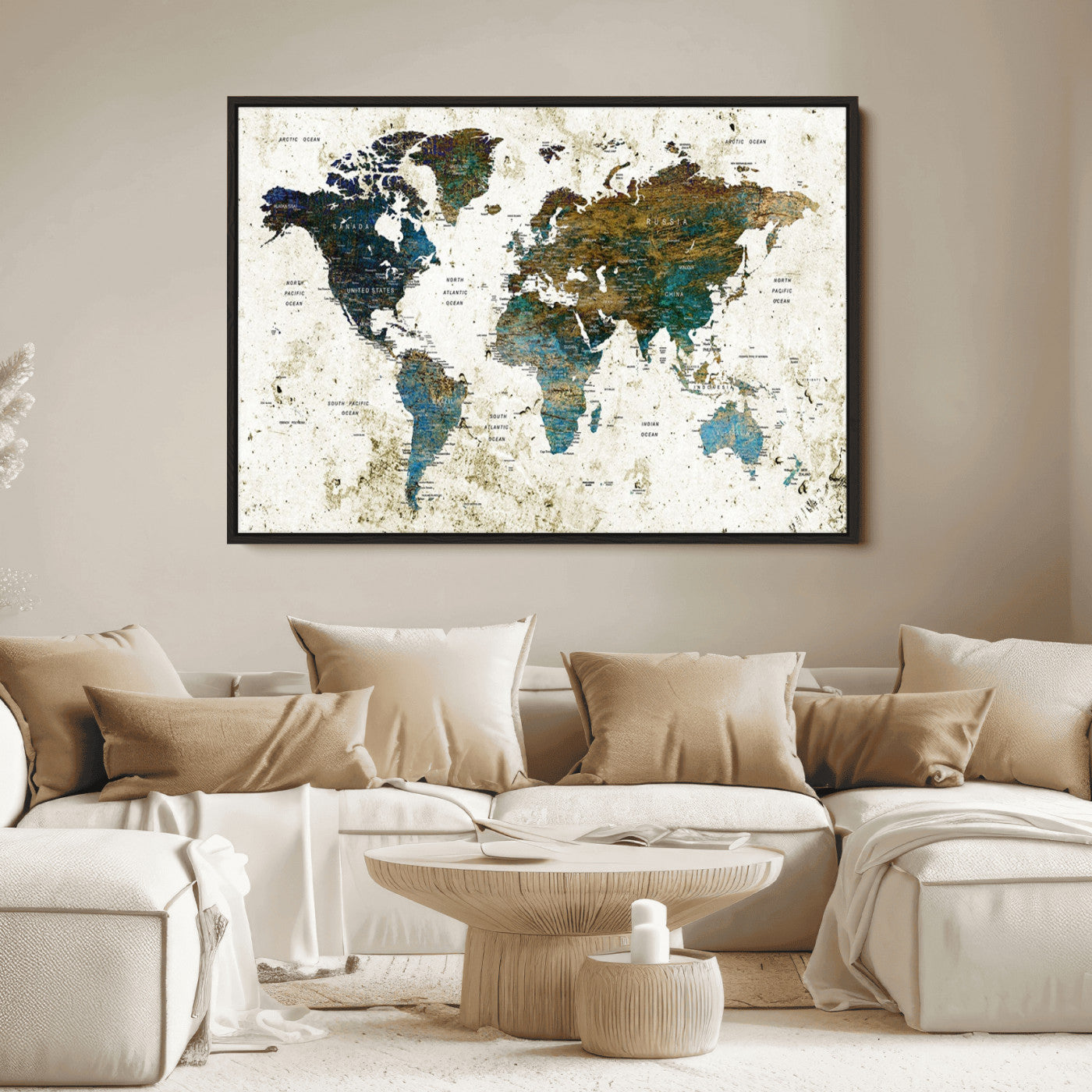 Vintage World Map Wall Art Canvas Print, Framed Rustic Earth Map Art Picture Print, Antique Map Perfect Rustic Vintage Decor Artwork