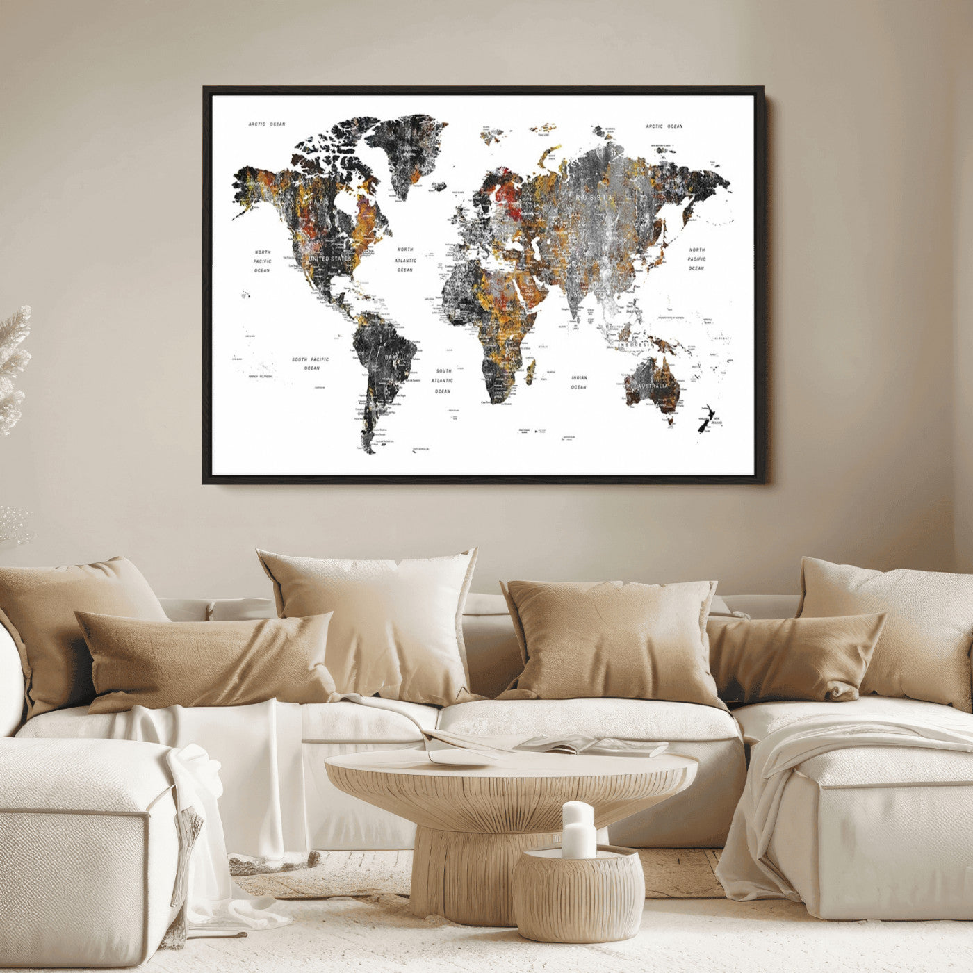 Push Pin World Map Canvas Print – Framed Wall Art for Couples to Track Their Travels – Anniversary Gift or Home Adventure Decor