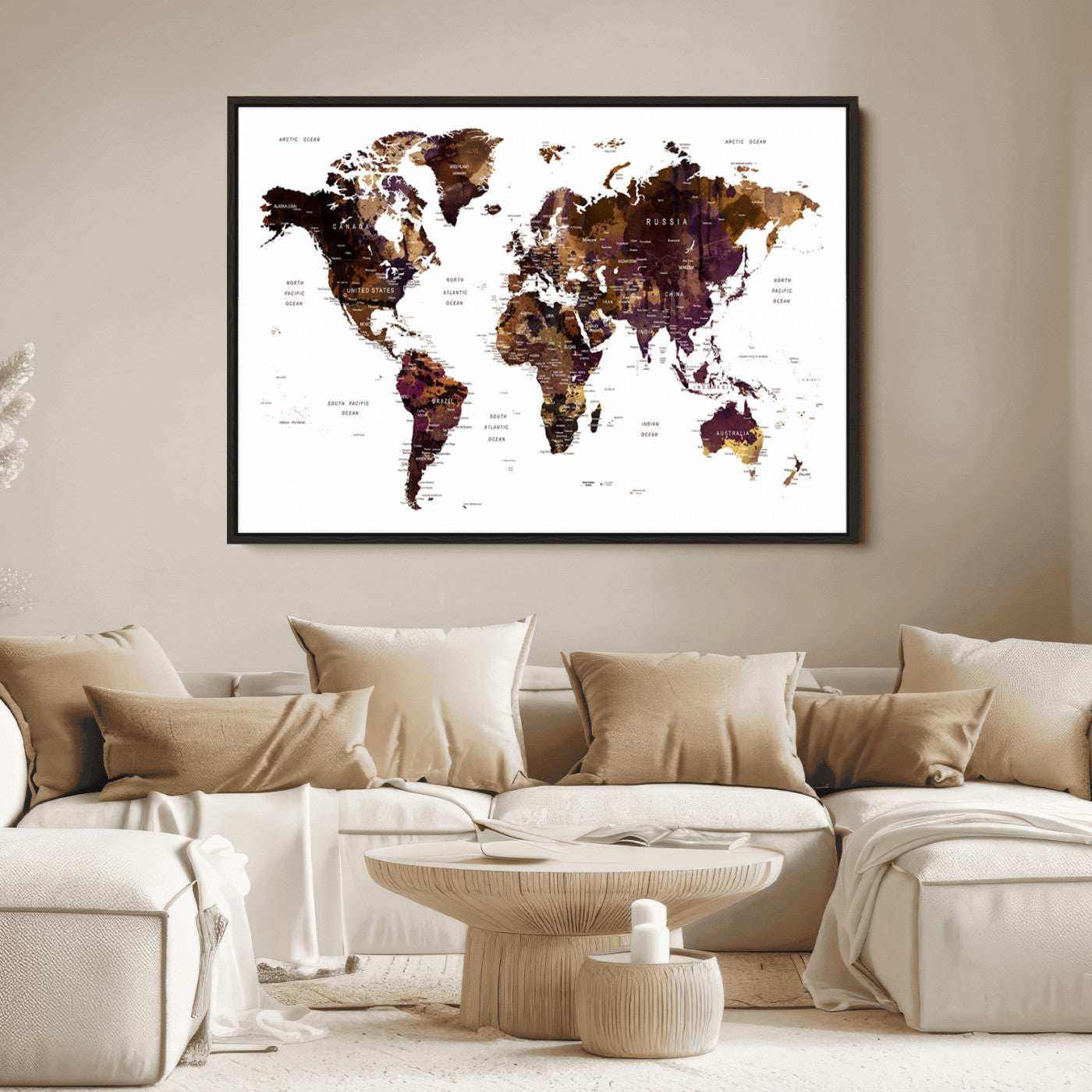 Push Pin World Map Canvas Print – Framed Wall Art for Couples to Track Their Travels – Anniversary Gift or Home Adventure Decor