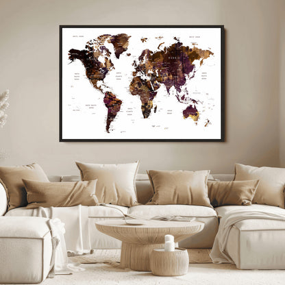 Push Pin World Map Canvas Print – Framed Wall Art for Couples to Track Their Travels – Anniversary Gift or Home Adventure Decor