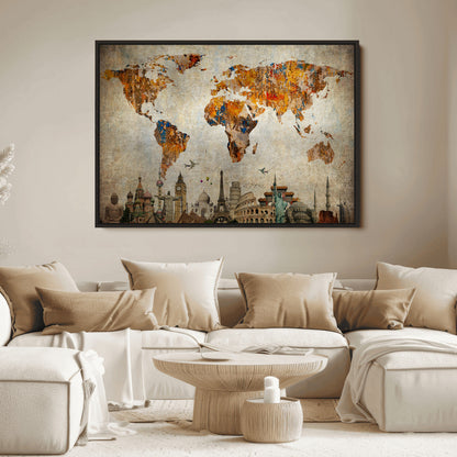 Push Pin World Map Canvas Print – Framed Wall Art for Couples to Track Their Travels – Anniversary Gift or Home Adventure Decor