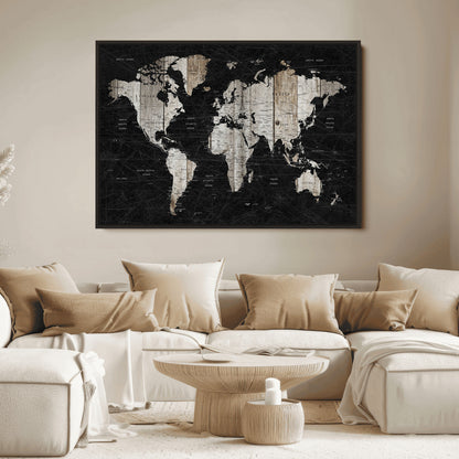 Push Pin World Map Canvas Print – Framed Wall Art for Couples to Track Their Travels – Anniversary Gift or Home Adventure Decor
