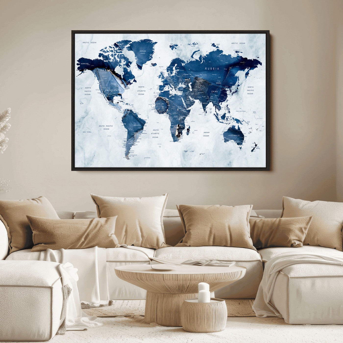 Push Pin World Map Canvas Print – Framed Wall Art for Couples to Track Their Travels – Anniversary Gift or Home Adventure Decor